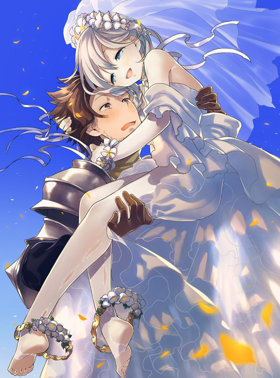 2boys armor blue_eyes blush braid carrying crossdressinging dress goroo granblue_fantasy husband_and_husband long_hair multiple_boys noah_(granblue_fantasy) open_mouth otoko_no_ko princess_carry rackam_(granblue_fantasy) silver_hair single_braid smile wedding_dress yaoi