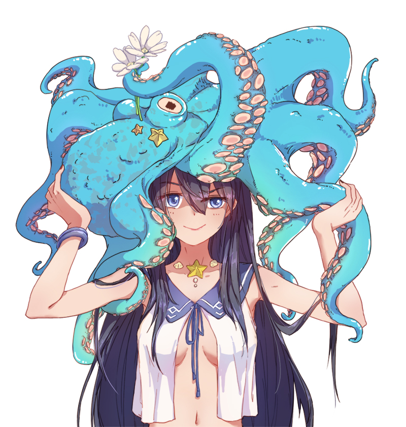 1girl animal animal_on_head bangs black_hair blue_eyes blue_ribbon bracelet breasts carrying_overhead catin closed_mouth eyebrows eyebrows_visible_through_hair flower hair_between_eyes hands_up holding holding_flower jewelry long_hair nail_polish no_bra octopus open_clothes open_shirt original ribbon school_uniform serafuku shell_necklace shirt simple_background sleeveless smile solo starfish uneven_eyes upper_body white_background white_flower