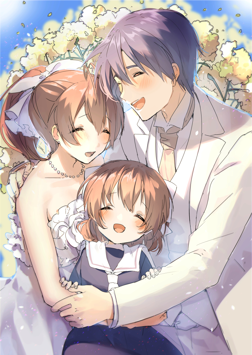 1boy 2girls :d ^_^ ahoge antenna_hair bare_shoulders blue_hair blush brown_hair child clannad closed_eyes collar dress family father_and_daughter flower formal furukawa_nagisa happy high_ponytail hug husband_and_wife jewelry long_sleeves mother_and_daughter multiple_girls necktie okazaki_tomoya okazaki_ushio open_mouth ponytail shironboako short_hair sleeveless sleeveless_dress smile strapless strapless_dress teeth