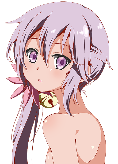 1girl akebono_(kantai_collection) bangs bare_shoulders bell commentary_request flower from_side hair_bell hair_between_eyes hair_flower hair_ornament jingle_bell kantai_collection looking_at_viewer nude open_mouth purple_hair shino_(ponjiyuusu) side_ponytail simple_background solo upper_body violet_eyes white_background