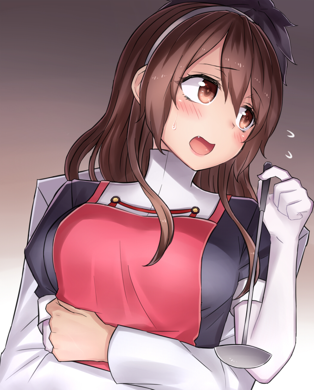 1boy 1girl admiral_(kantai_collection) apron ashigara_(kantai_collection) bangs black_hair brown_eyes brown_hair commentary elbow_gloves faceless faceless_male fang flying_sweatdrops gloves hairband highres hug hug_from_behind kantai_collection ladle military military_uniform neit_ni_sei open_mouth puffy_sleeves uniform