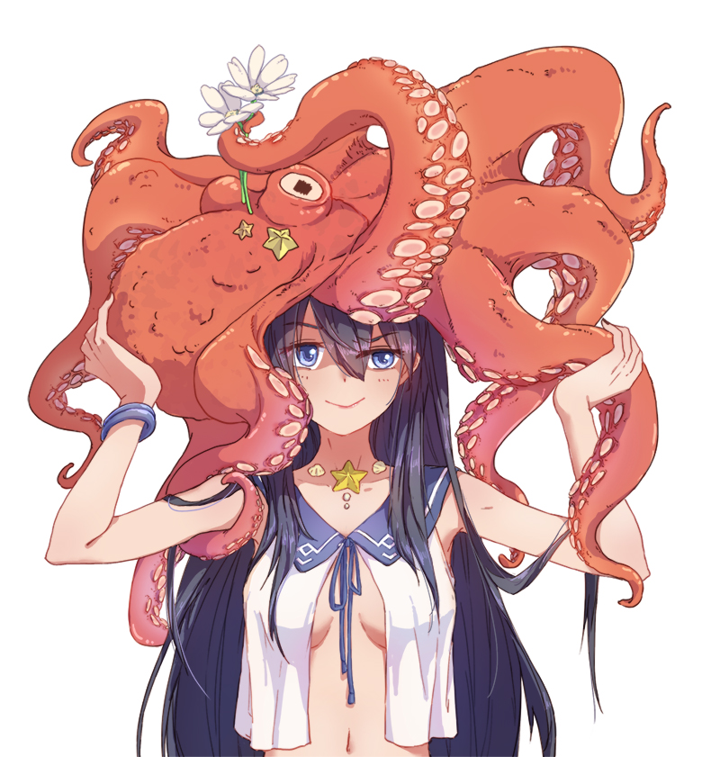 1girl animal animal_on_head bangs black_hair blue_eyes blue_ribbon bracelet breasts carrying_overhead catin closed_mouth eyebrows eyebrows_visible_through_hair flower hair_between_eyes hands_up holding holding_flower jewelry long_hair nail_polish no_bra octopus open_clothes open_shirt original ribbon school_uniform serafuku shell_necklace shirt simple_background sleeveless smile solo starfish uneven_eyes upper_body white_background white_flower