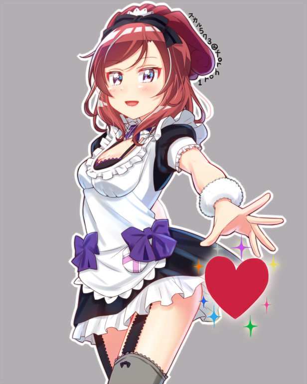 1girl :d apron artist_name breasts cleavage cowboy_shot garter_straps grey_background heart looking_at_viewer love_live!_school_idol_project maid maid_apron maid_headdress mogyutto_"love"_de_sekkin_chuu! nishikino_maki open_mouth outline over-kneehighs redhead simple_background smile solo sukaru573 thigh-highs violet_eyes white_outline wristband