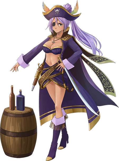 1girl barrel boots bottle breasts coat eyepatch full_body green_eyes gun handgun hat jewelry large_breasts long_hair midriff navel necklace official_art pirate pirate_hat pistol ponytail purple_boots purple_coat purple_hair rachel_(sennen_sensou_aigis) sennen_sensou_aigis skirt solo standing sword weapon