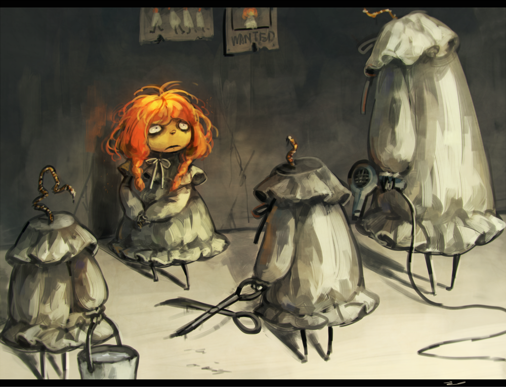 1girl braid bucket candle commentary dress glowing glowing_hair hair_dryer koto_inari long_sleeves orange_hair original personification puffy_long_sleeves puffy_sleeves scissors twin_braids wanted white_dress