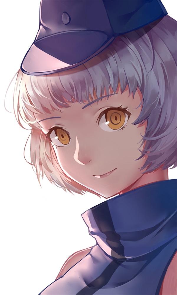 1girl bare_shoulders blue_hat close-up closed_mouth elizabeth_(persona) face hat lips looking_at_viewer peaked_cap persona persona_3 portrait shade short_hair silver_hair simple_background smile solo sweater_vest tareme turtleneck upper_body white_background xiao_chichi yellow_eyes