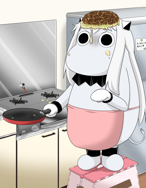 (o)_(o) apron comic commentary cooking food food_on_face food_on_head horns jewelry kantai_collection kitchen long_hair md5_mismatch mittens moomin muppo northern_ocean_hime object_on_head okonomiyaki sazanami_konami shinkaisei-kan standing_on_object step stool stove translated