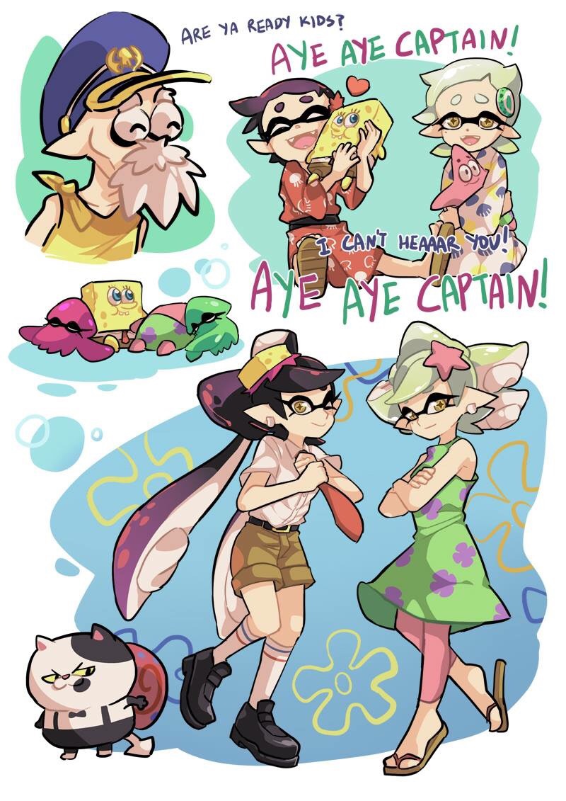 +_+ 2boys 2girls adjusting_necktie aori_(splatoon) beard belt black_hair bow buck_teeth cat character_doll closed_eyes commander_atarime crossed_arms domino_mask dress earrings english facial_hair fangs freckles gary_the_snail hair_bow hotaru_(splatoon) jajji-kun_(splatoon) japanese_clothes jewelry kimono kneehighs leggings looking_at_viewer mask multiple_boys multiple_girls necktie object_on_head old_man open_mouth pants pants_rolled_up patrick_star patrick_star_(cosplay) red_necktie sandals shorts sleeping sleeveless smile snail splatoon spongebob_squarepants spongebob_squarepants_(character) spongebob_squarepants_(cosplay) squid starfish stuffed_toy suction_cups sundress tentacle_hair white_hair wong_ying_chee younger