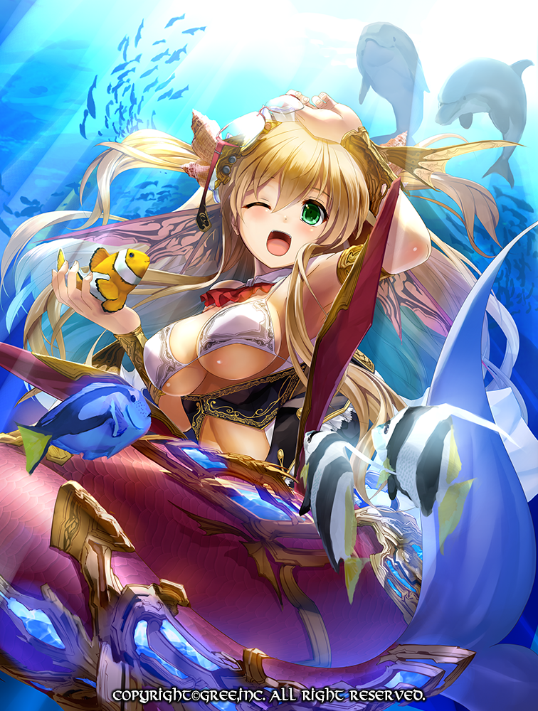 1girl ;d armlet bikini_top blonde_hair blush breasts company_name detached_collar dolphin english fish glasses green_eyes holding holding_glasses kiryuu_takahisa long_hair mermaid monster_girl one_eye_closed open_mouth seisen_cerberus smile solo two_side_up underwear watermark