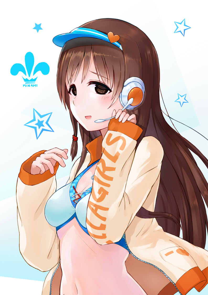 1girl bikini_top blush breasts brown_eyes brown_hair character_name cleavage hair_tie headset idolmaster idolmaster_cinderella_girls jacket long_hair midriff navel nitta_minami open_mouth shirona002 solo star unzipped upper_body visor_cap