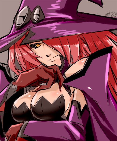 1girl bare_shoulders black_sclera blazblue blazblue:_central_fiction breasts cleavage dated elbow_gloves gloves grey_background hair_over_one_eye hat konoe_a_mercury light_smile looking_at_viewer redhead simple_background solo urujika witch_hat