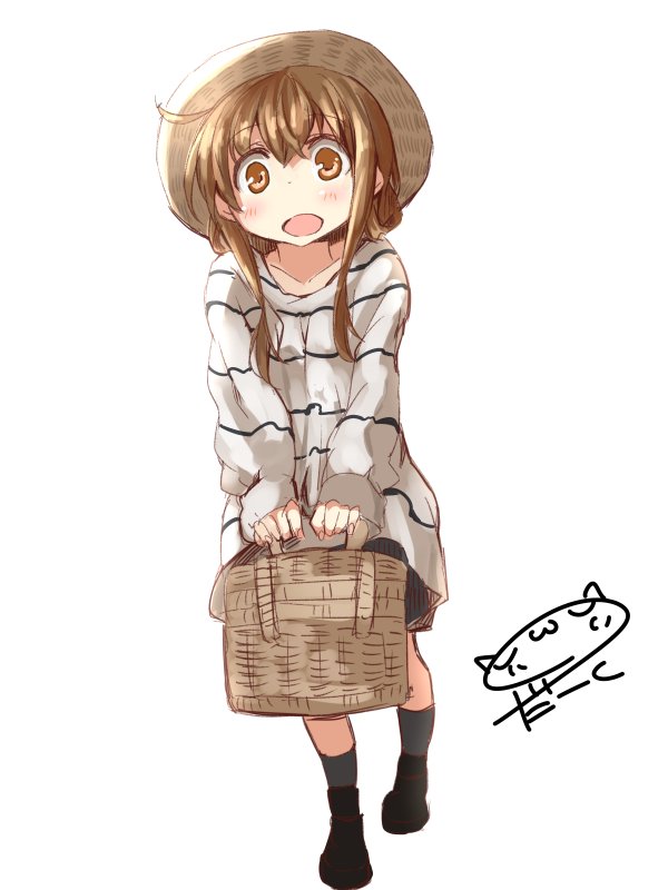 1girl alternate_costume artist_name blush brown_eyes brown_hair commentary_request darkside hat inazuma_(kantai_collection) kantai_collection looking_at_viewer open_mouth picnic_basket sidelocks solo straw_hat white_background