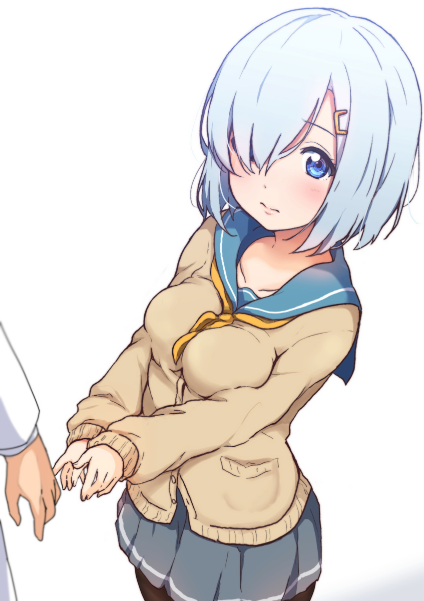 1boy 1girl admiral_(kantai_collection) black_legwear blue_eyes blush breasts buttons cardigan collarbone commentary_request grey_skirt hair_ornament hair_over_one_eye hairclip hamakaze_(kantai_collection) highres icehotmilktea kantai_collection large_breasts long_sleeves neckerchief no_gloves out_of_frame pantyhose pleated_skirt school_uniform serafuku short_hair silver_hair simple_background skirt white_background