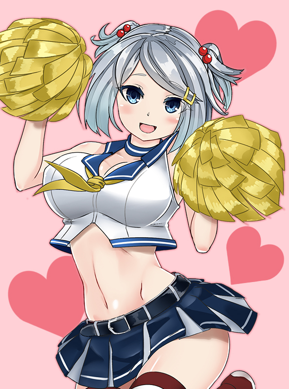 1girl belt blue_eyes breasts cheerleader cleavage commentary_request hair_ornament hairclip hamakaze_(kantai_collection) hand_up kantai_collection midriff navel neckerchief open_mouth pleated_skirt pom_poms short_hair silver_hair sin_(kami148) skirt smile solo stomach