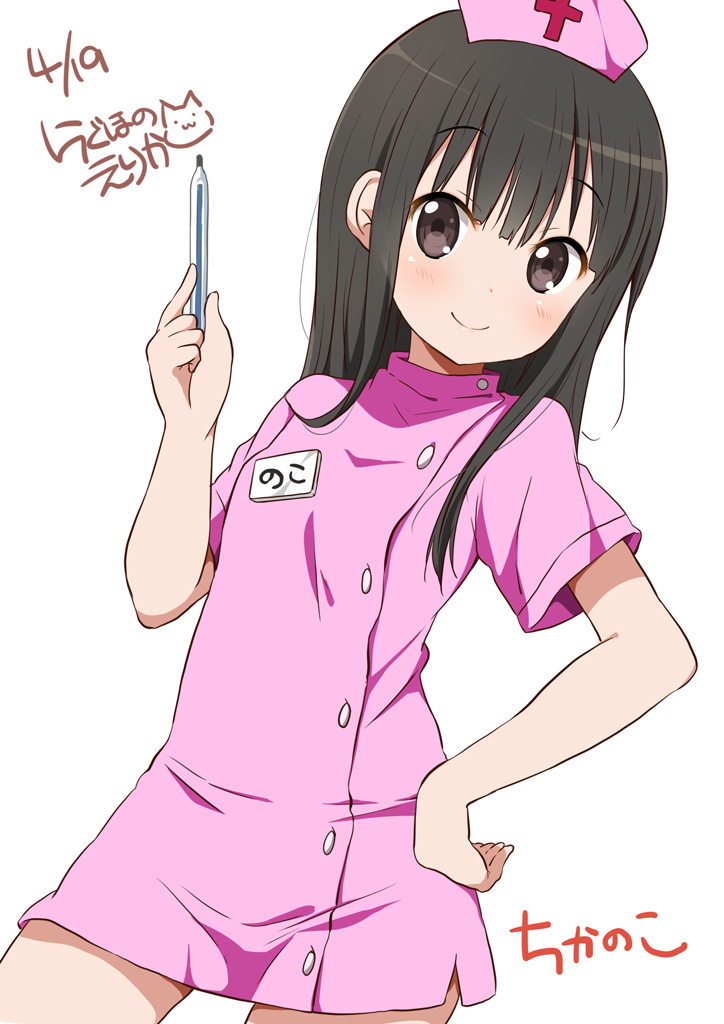 1girl black_hair blush brown_eyes commentary_request dress hand_on_hip hat long_hair looking_at_viewer md5_mismatch name_tag nurse nurse_cap original pink_dress ragho_no_erika smile solo thermometer