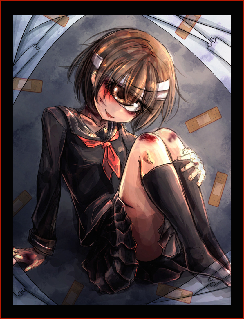 1girl bandaged_head bandages bandaid black_legwear black_serafuku black_skirt border brown_eyes brown_hair cyclops head_tilt hitomebore injury kneehighs knees_to_chest looking_at_viewer no_shoes official_art one-eyed ray-k school_uniform scraped_knee serafuku short_hair sitting skirt smile solo usui_sachi