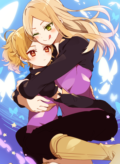 2girls ;q aicedrop bangs between_legs blonde_hair blush boots butterfly eyebrows eyebrows_visible_through_hair eyelashes gloves green_eyes height_difference hug kako_nozomi kuroe_futaba light_frown long_hair long_sleeves multiple_girls one_eye_closed pants parted_bangs red_eyes signature star tongue tongue_out twintails uniform world_trigger