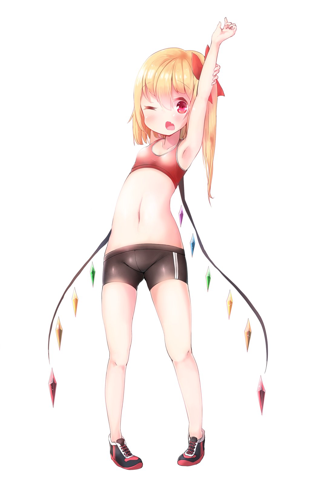 1girl akisha arm_grab armpits arms_up bike_shorts blonde_hair flandre_scarlet full_body hair_ribbon highres looking_at_viewer navel one_eye_closed red_eyes red_ribbon ribbon shoes side_ponytail simple_background skindentation solo sports_bra standing touhou white_background wings