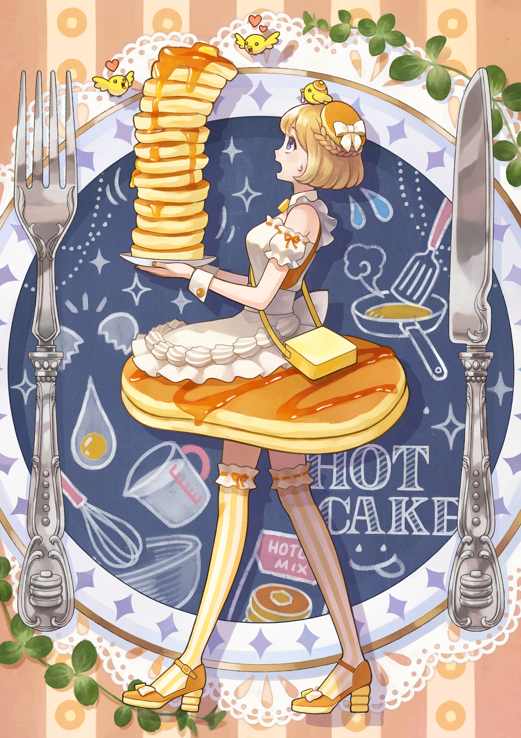 1girl bag bird bowl braid broken_egg butter food_as_clothes food_themed_clothes fork french_braid hat heart high_heels highres honey kneehighs knife measuring_cup open_mouth original pan pancake personification profile solo stack_of_pancakes striped striped_legwear sweatdrop thigh-highs vertical-striped_legwear vertical_stripes whisk yuko666