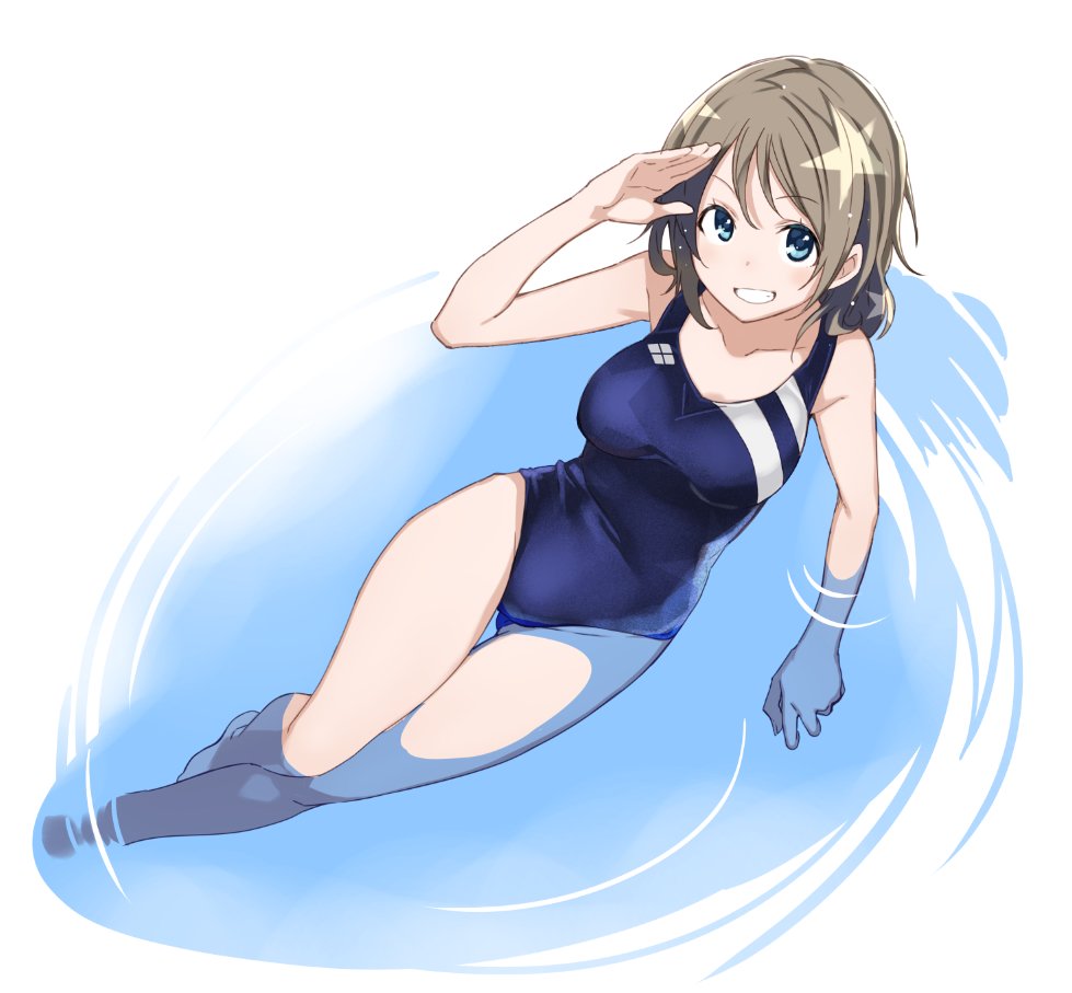 1girl blue_eyes brown_hair competition_swimsuit grin love_live!_school_idol_project love_live!_sunshine!! one-piece_swimsuit partially_submerged salute short_hair smile solo swimsuit ushiki_yoshitaka watanabe_you water