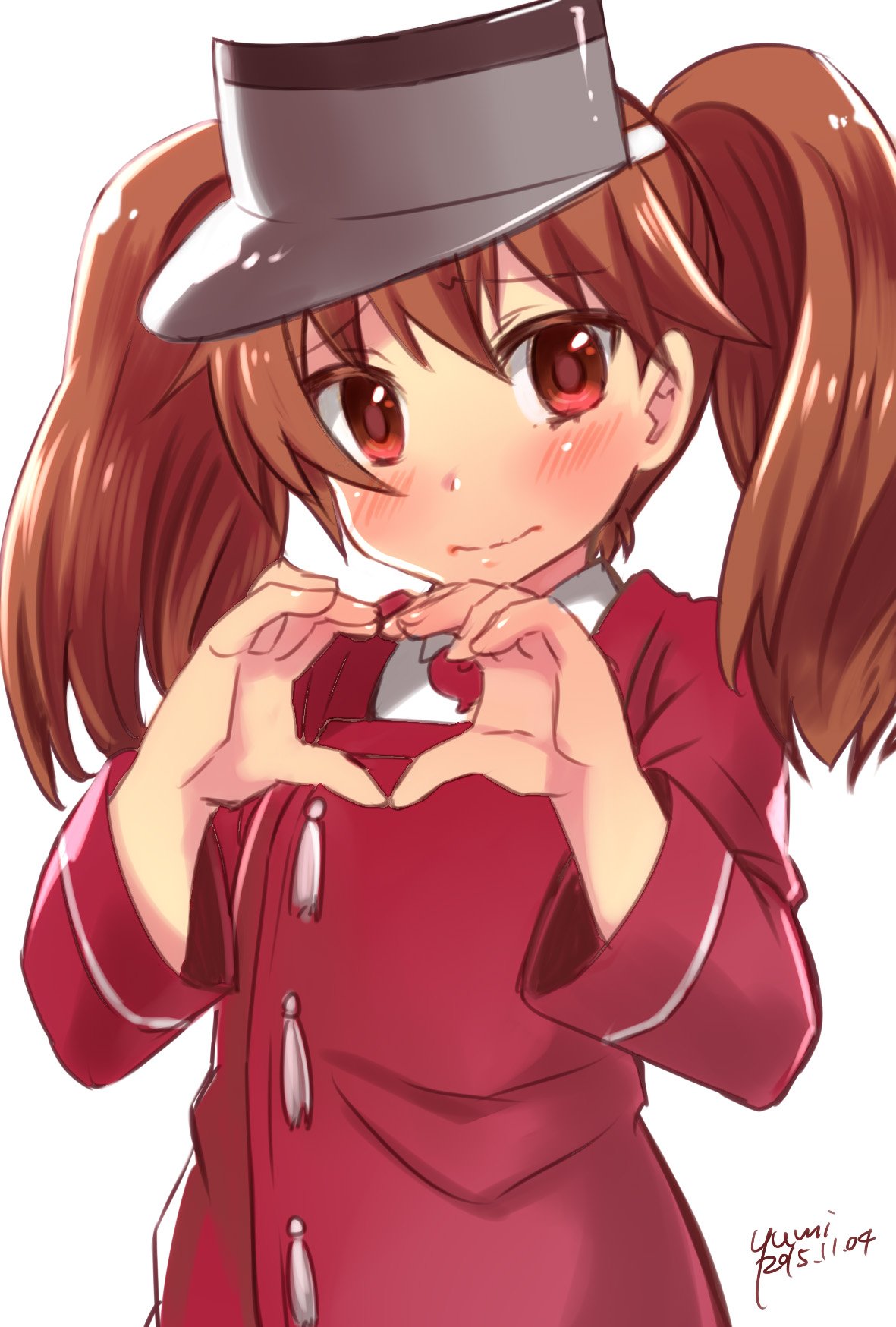 1girl bangs blush brown_eyes brown_hair dated embarrassed heart heart_hands highres japanese_clothes kantai_collection kariginu looking_at_viewer magatama ryuujou_(kantai_collection) signature simple_background solo twintails visor_cap white_background yumi_yumi