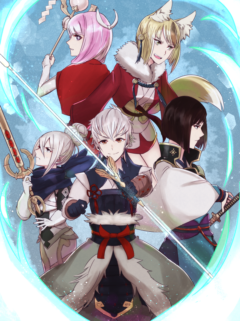2boys 3girls animal_ears back bangs blonde_hair bow_(weapon) brown_hair capelet chlxms crying fire_emblem fire_emblem_if fox_ears fox_tail gloves grey_hair hair_bun hisame_(fire_emblem_if) kanna_(fire_emblem_if) katana kinu_(fire_emblem_if) kisaragi_(fire_emblem_if) low_twintails mitama_(fire_emblem_if) multicolored_hair multiple_boys multiple_girls open_mouth orange_eyes pink_hair pointy_ears staff star star-shaped_pupils sword symbol-shaped_pupils tail twintails two-tone_hair weapon yellow_eyes