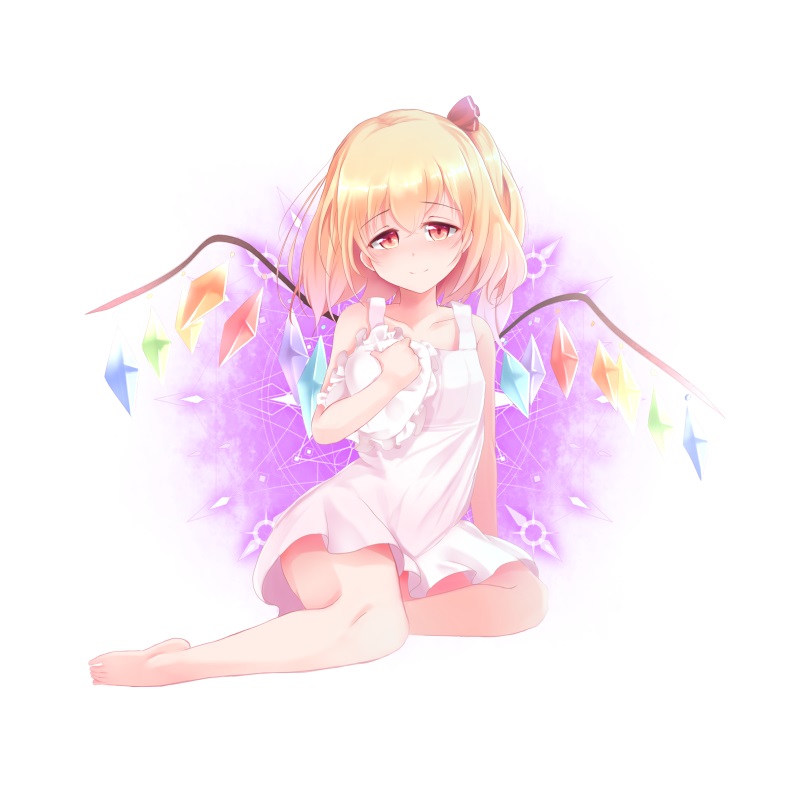 1girl alternate_costume bangs barefoot blonde_hair collarbone dress flandre_scarlet full_body hair_ribbon hat looking_at_viewer mob_cap red_eyes red_ribbon ribbon septet_(zrca_janne) side_ponytail simple_background sitting smile solo sundress touhou white_background wings