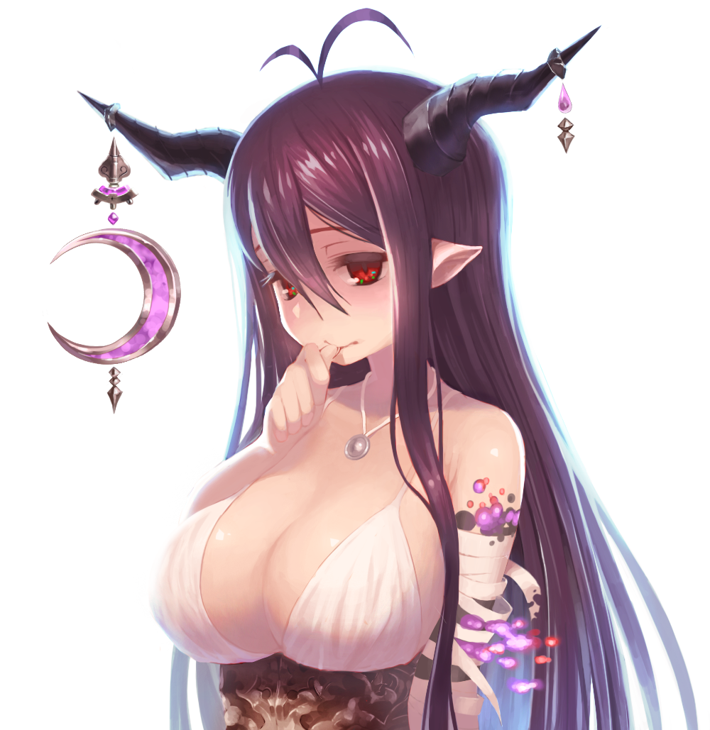 (tat) 1girl antenna_hair bare_shoulders biting breasts danua dress granblue_fantasy hair_between_eyes horn_ornament jewelry large_breasts long_hair looking_at_viewer nail_biting pointy_ears purple_hair red_eyes sideboob solo white_dress