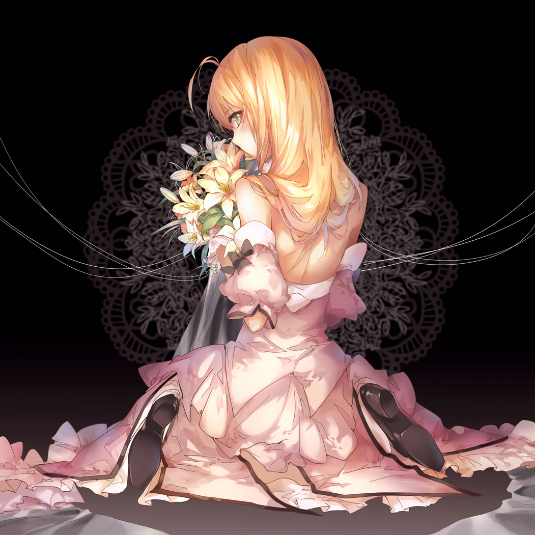 1girl antenna_hair bare_shoulders black_shoes blonde_hair blush bouquet detached_sleeves dress eyebrows eyebrows_visible_through_hair fate/stay_night fate_(series) flower full_body green_eyes high_heels holding holding_flower kinokohime_(mican02rl) long_hair looking_back profile puffy_short_sleeves puffy_sleeves puppet_strings saber shoes short_sleeves sitting sleeveless sleeveless_dress solo wariza white_dress white_flower