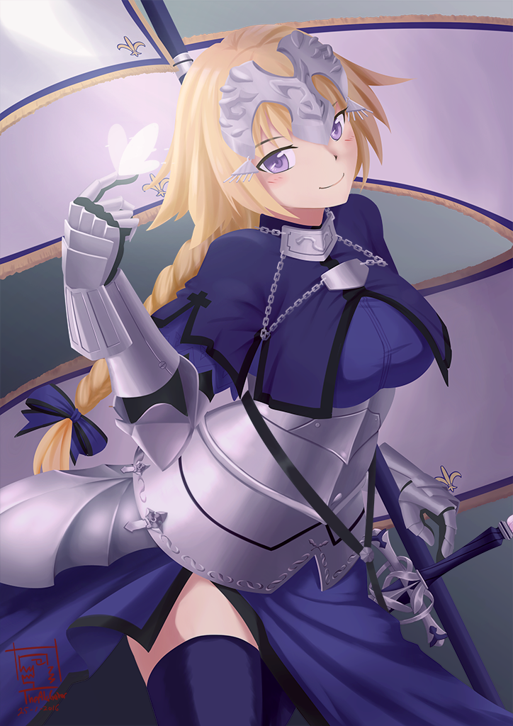 1girl armor artist_request blonde_hair blue_ribbon braid breasts butterfly fate/grand_order fate_(series) fleur_de_lis headgear ribbon ruler_(fate/apocrypha) single_braid smile solo standard_bearer sword thigh-highs thighs violet_eyes weapon
