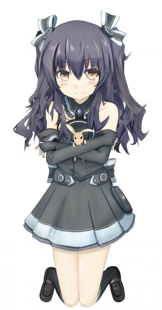 1girl bare_shoulders black_hair blush elbow_gloves gloves hair_ornament long_hair looking_at_viewer neptune_(series) open_mouth rafu_(surukusya) red_eyes smile solo twintails uni_(choujigen_game_neptune)