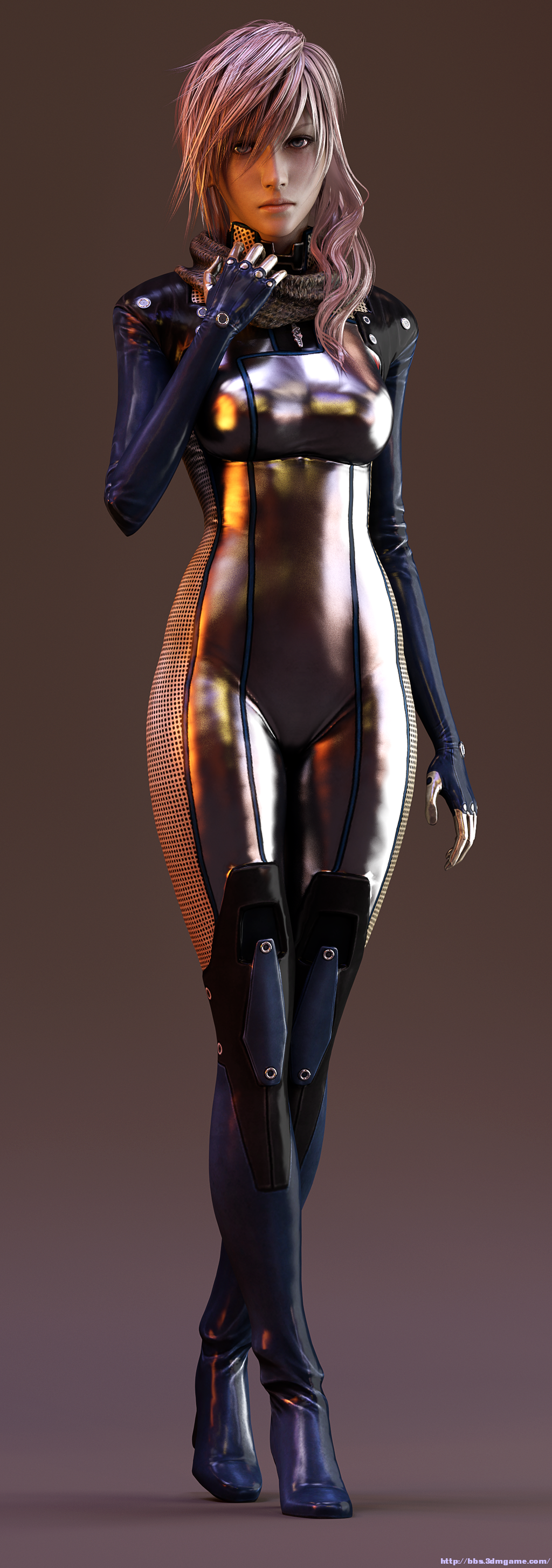 1girl 3d absurdres alternate_costume blue_eyes bodysuit boots breasts chainmail cosplay edi_(mass_effect) final_fantasy final_fantasy_xiii fingerless_gloves gloves highres hips lightning_farron long_hair pink_hair skin_tight solo