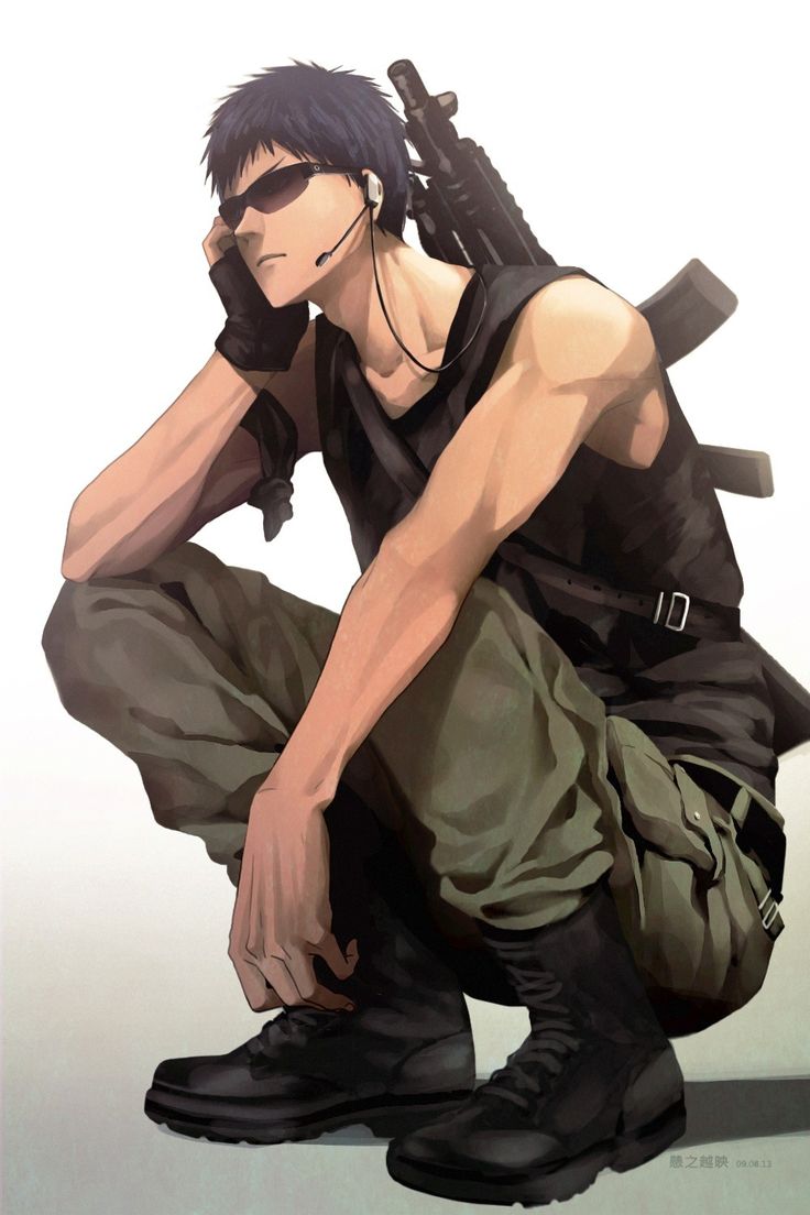 1boy aomine_daiki artist_request boots fatigues gun headset kuroko_no_basuke male_focus military military_uniform scowl short_hair solo squatting sunglasses tank_top uniform weapon