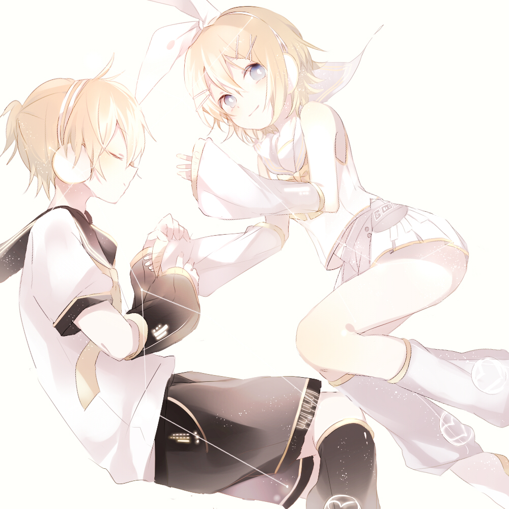 1boy 1girl arm_warmers blonde_hair blue_eyes bow brother_and_sister closed_eyes hair_bow hair_ornament hairclip headphones headset kagamine_len kagamine_len_(vocaloid4) kagamine_rin kagamine_rin_(vocaloid4) leg_warmers looking_at_viewer necktie niwa_(ejizon) sailor_collar short_hair shorts siblings skirt twins vocaloid white_bow white_skirt yellow_necktie