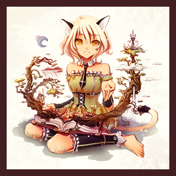 bad_id bare_shoulders barefoot blonde_hair book cat_ears cat_tail feet hands necktie ochakai_shinya original pop-up_book ringed_eyes short_hair sitting smile solo surreal tail wariza windowboxed yellow_eyes