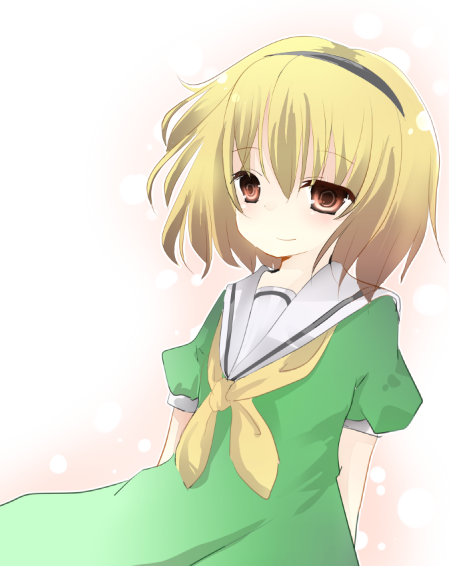 blonde_hair chaka hairband higurashi_no_naku_koro_ni houjou_satoko red_eyes sailor_dress short_hair