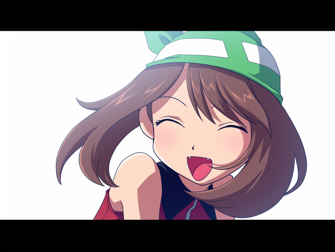 1girl :d ^_^ bad_id bandana bare_shoulders brown_hair closed_eyes fang fangs glow letterboxed matunoha miyu_(matsunohara) odamaki_sapphire open_mouth pokemon pokemon_special short_hair simple_background smile solo white_background