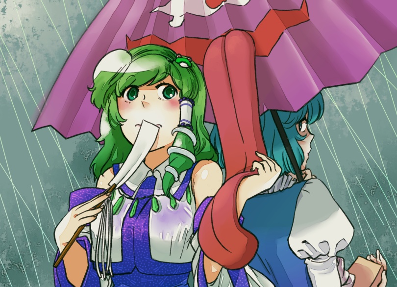 blue_eyes blue_hair detached_sleeves frog gohei green_eyes green_hair hair_ornament karakasa karakasa_obake kochiya_sanae multiple_girls rain short_hair snake tatara_kogasa tongue touhou umbrella yukataro