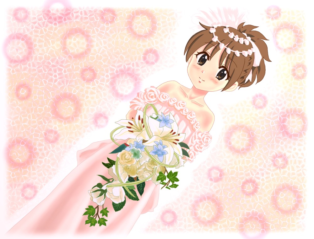 bouquet bride brown_eyes brown_hair chunpai dress dutch_angle flower hirasawa_ui k-on! ponytail short_hair solo wedding_dress