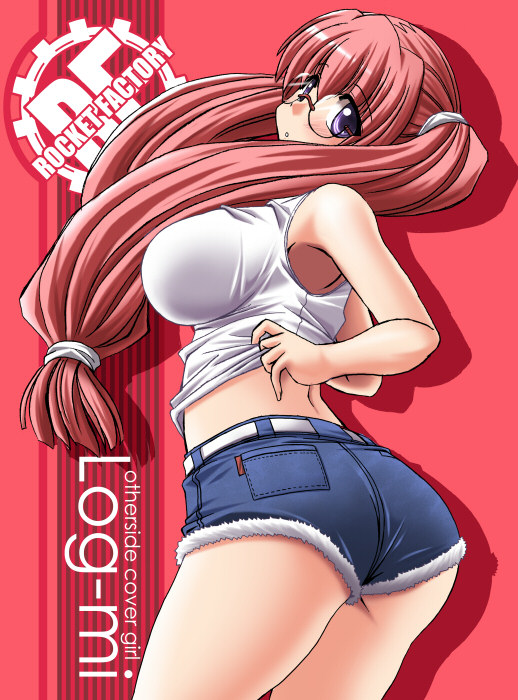 armpits ass back blush breasts denim denim_shorts glasses huge_breasts log-mi_(tongpoo) long_hair looking_back original pink_hair purple_eyes shirt shorts tongpoo tonpuu twintails violet_eyes