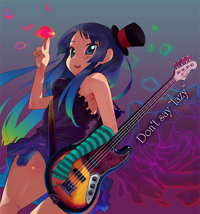 1girl akiyama_mio ass bass_guitar blue_eyes blue_hair colorful don't_say_"lazy" don't_say_lazy dress fingerless_gloves flower from_below gloves guitar hat hips instrument k-on! long_hair minawa petals rose rose_petals solo striped thighs top_hat