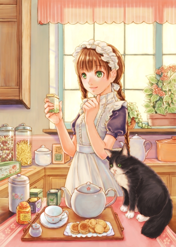 braid brown_hair cat cookie cup food green_eyes kitchen long_hair maid maid_cap maid_headdress original plant potted_plant soujirou teacup teapot twin_braids