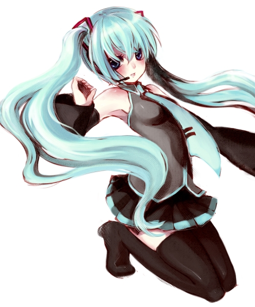 aqua_hair bare_shoulders black_legwear black_thighhighs blue_eyes blush hatsune_miku headset itou_nanami long_hair necktie solo thigh-highs thighhighs twintails vocaloid zettai_ryouiki