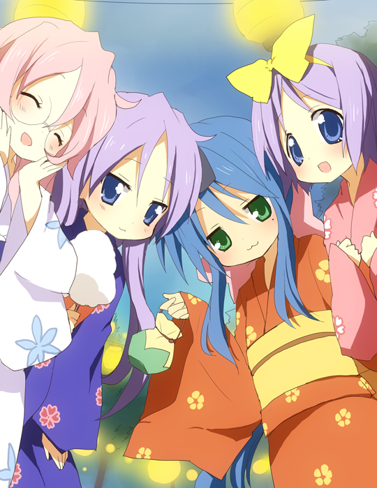 blue_eyes blue_hair closed_eyes glasses green_eyes hair_ribbon hiiragi_kagami hiiragi_tsukasa izumi_konata japanese_clothes kimono kurot long_hair lucky_star mole pink_hair purple_hair ribbon short_hair takara_miyuki twintails