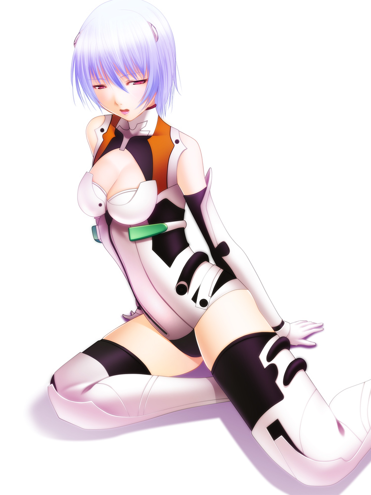 bad_id bare_shoulders blue_hair breasts cleavage mogu neon_genesis_evangelion plugsuit red_eyes short_hair sitting solo thigh-highs thighhighs