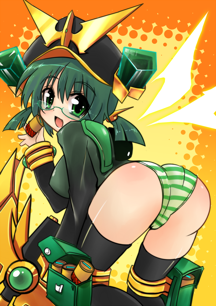 ddn glasses green_eyes green_hair hat kamen_rider kamen_rider_kuuga kamen_rider_kuuga_(series) panties short_twintails striped striped_panties thigh-highs thighhighs twintails underwear