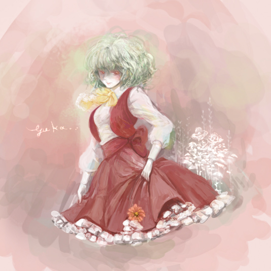 character_name flower green_hair kazami_yuuka red_eyes short_hair skirt skirt_hold skirt_set takatora touhou vest