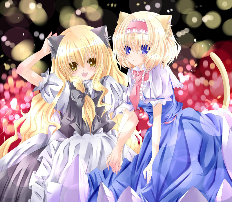 alice_margatroid animal_ears apron arm_up blonde_hair blue_dress blue_eyes bow braid cat_ears cat_tail dress hair_bow hairband hand_holding holding_hands kemonomimi_mode kirisame_marisa long_hair multiple_girls nanase_nao no_hat no_headwear open_mouth ribbon smile tail touhou yellow_eyes