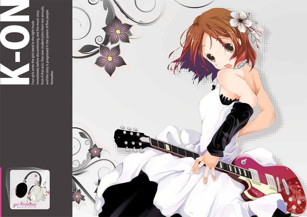 bare_shoulders blush brown_eyes brown_hair don't_say_lazy don't_say_"lazy" dress guitar hirasawa_yui instrument k-on! les_paul looking_back ranguage short_hair solo ushi_niku