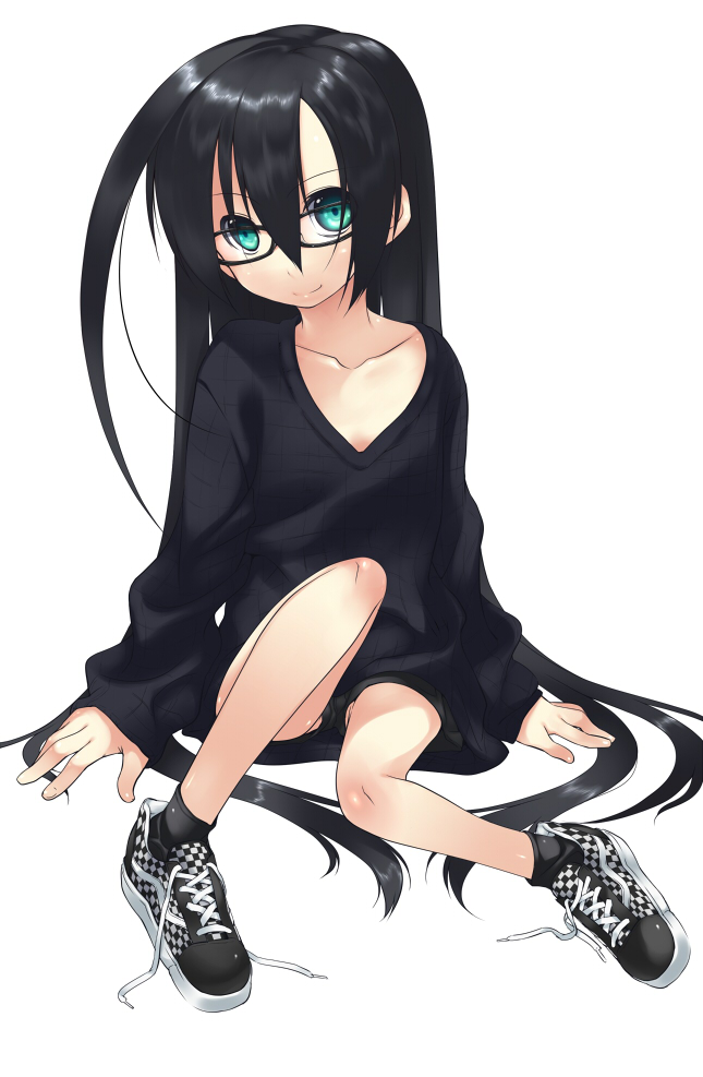 black_hair flat_chest glasses long_hair midori_no_ruupe shoes shorts sitting smile sneakers sweater